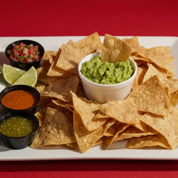 A white platter holds tortilla chips, guacamole, salsa, pico de gallo, and lime wedges on a red background.
