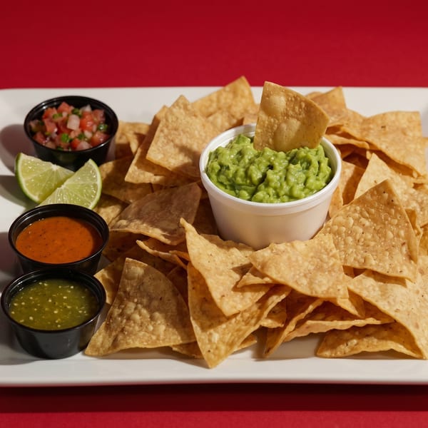A white platter with tortilla chips, guacamole, salsa, pico de gallo, and lime wedges.