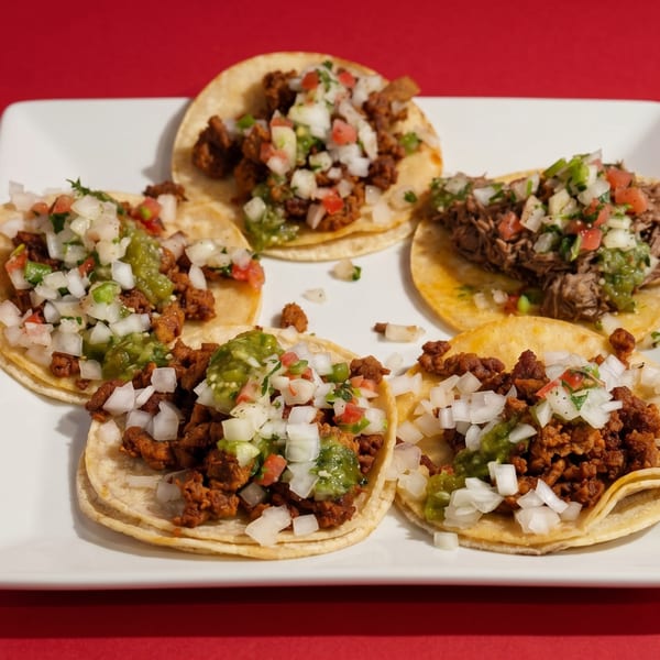 Five street tacos with various meats, onions, salsa, and guacamole on a white plate.