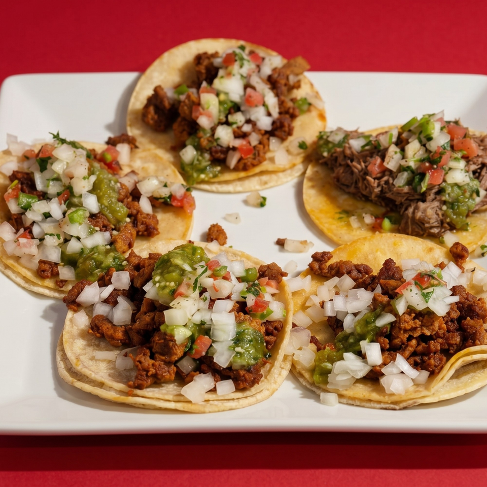 Five street tacos with various meats, onions, salsa, and guacamole on a white plate.