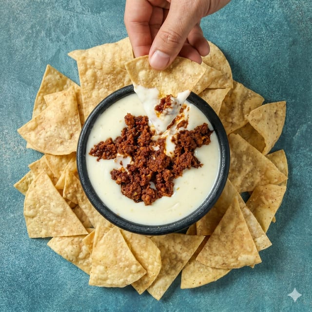 Queso Dip Topped with Chorizo.