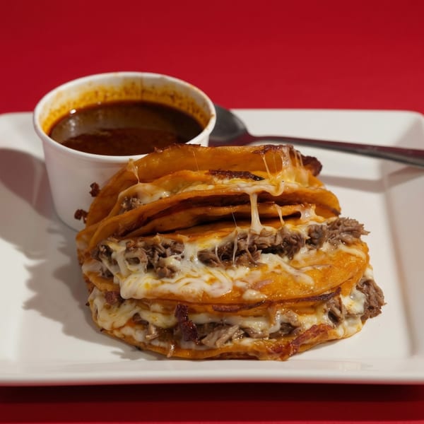 Stack of cheesy birria tacos with a side of consommé on a white plate against a red background.