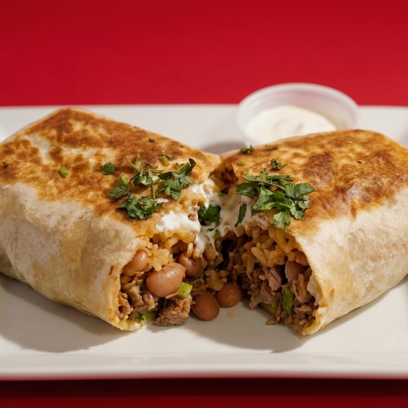A large burrito, cut in half, revealing rice, beans, meat, and sour cream, with a side of sour cream.