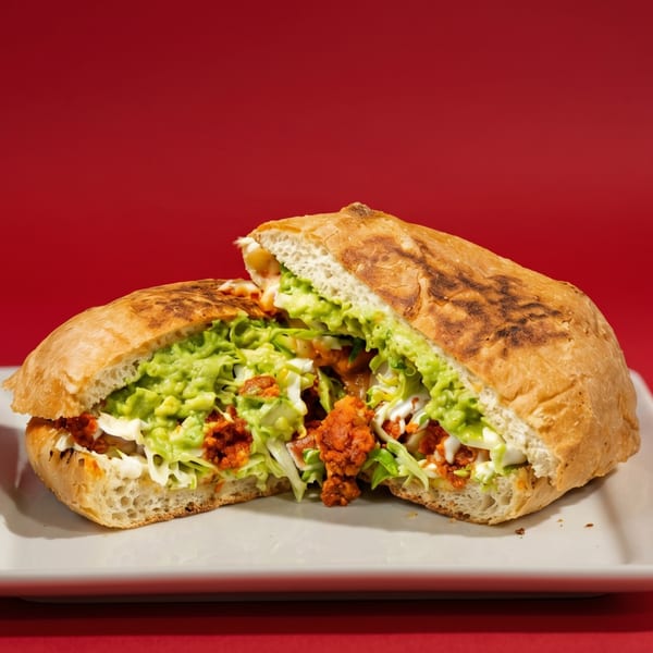 A large sandwich, cut in half, filled with green guacamole, white sauce, and red meat.