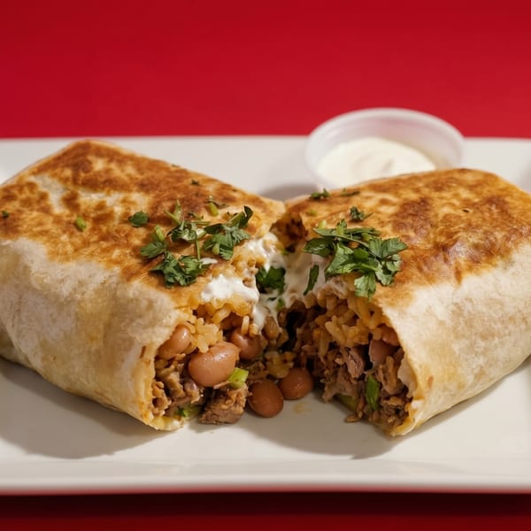 A large burrito, cut in half, revealing rice, beans, meat, and sour cream, with a side of sour cream.